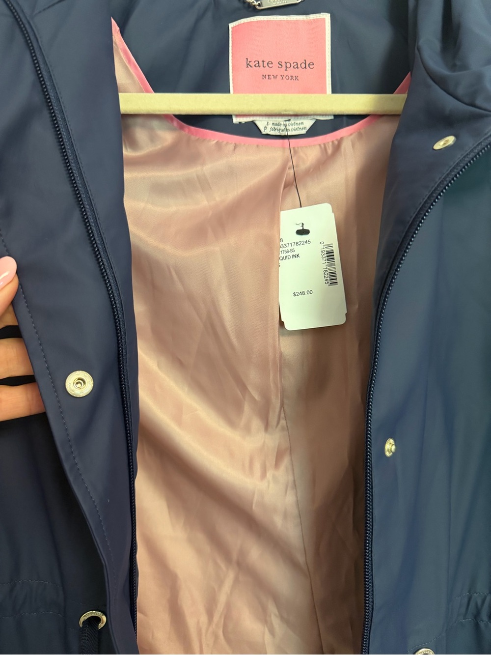 NWT Kate Spade Navy Rain/Trench Coat with Pink Lining size S - Picture 4 of 5